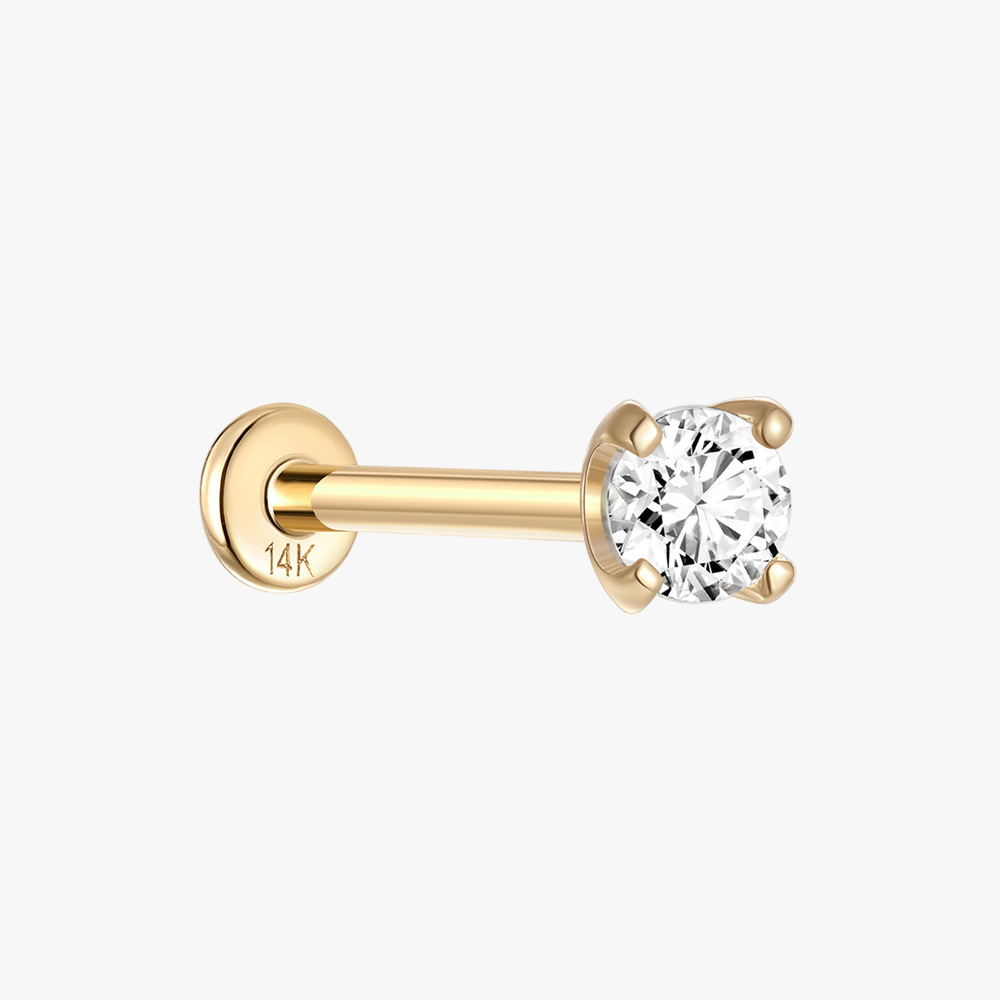 (Single) 14K Solid Gold Solitaire Stud Earring with Zirconia