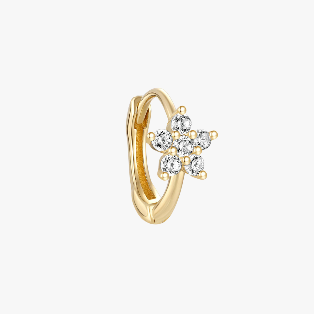 (Single) 14K Solid Gold Flower Huggie Hoop Earring with Zirconia