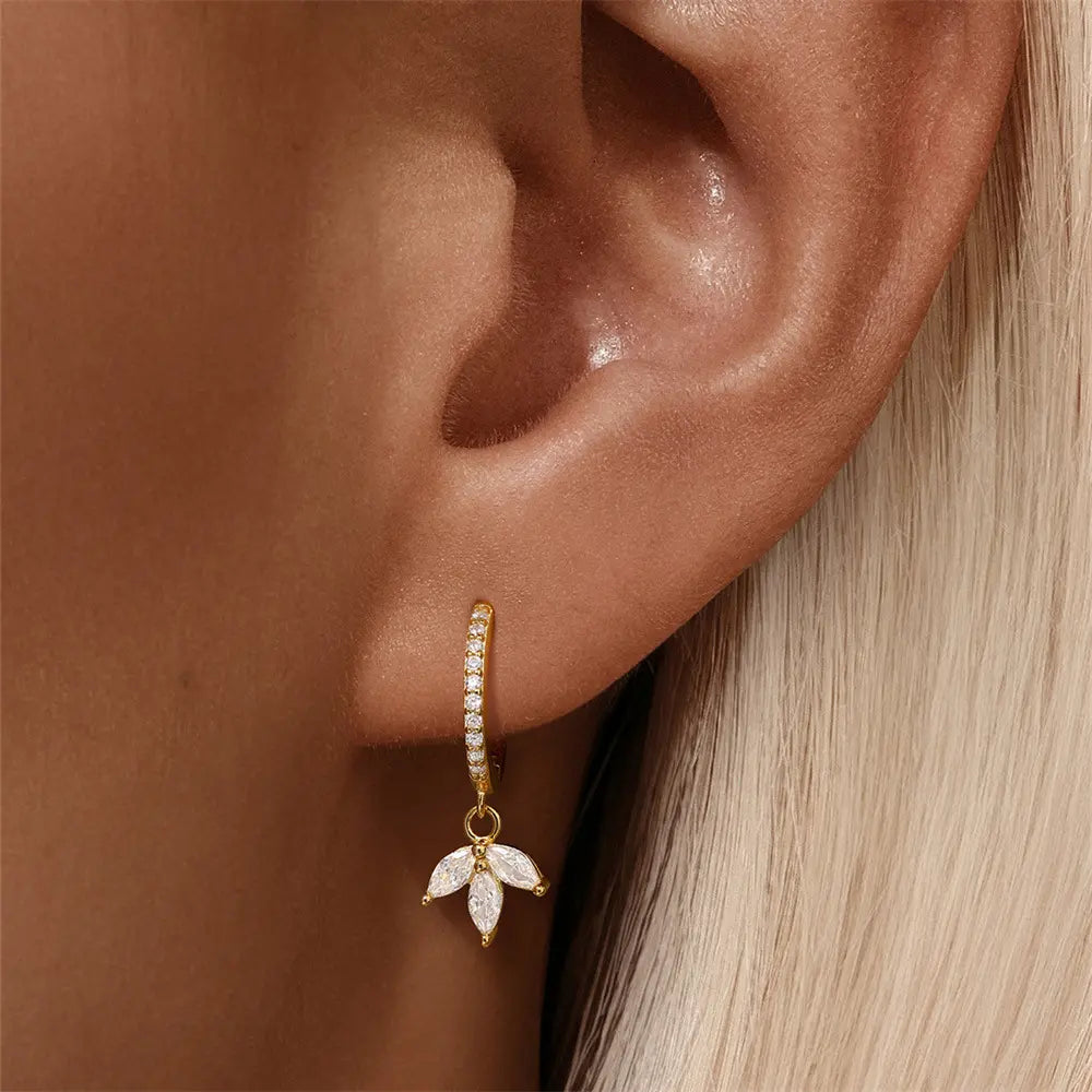 925 Sterling Silver Zircon Leaf Drop Hoop Earrings