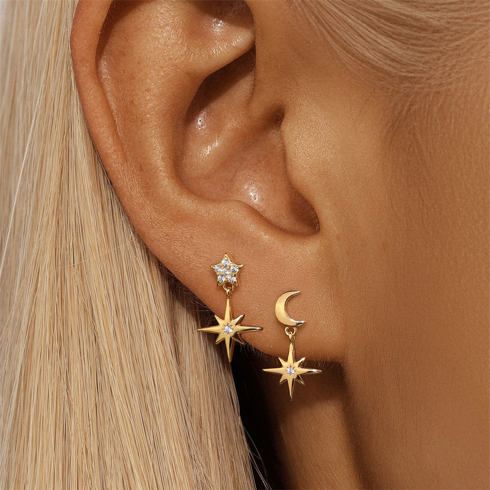 Star and Moon Earrings with Zirconia