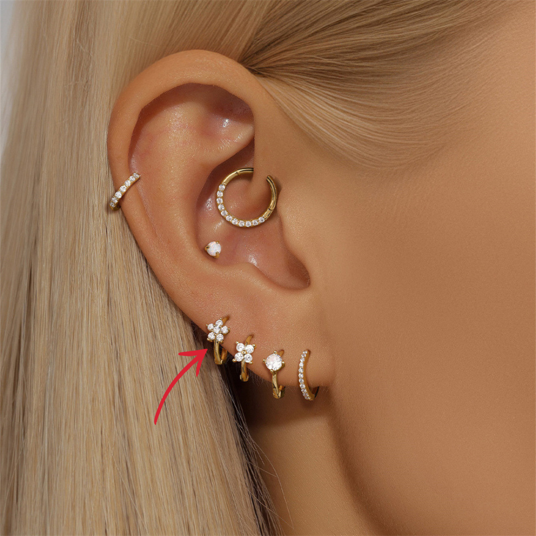 (Single) 14K Solid Gold Flower Huggie Hoop Earring with Zirconia