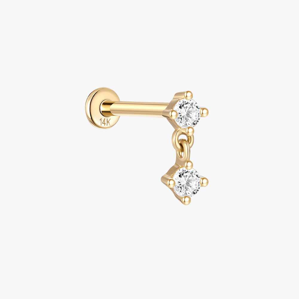 (Single) 14K Solid Gold Double Zirconia Dangling Stud Earring