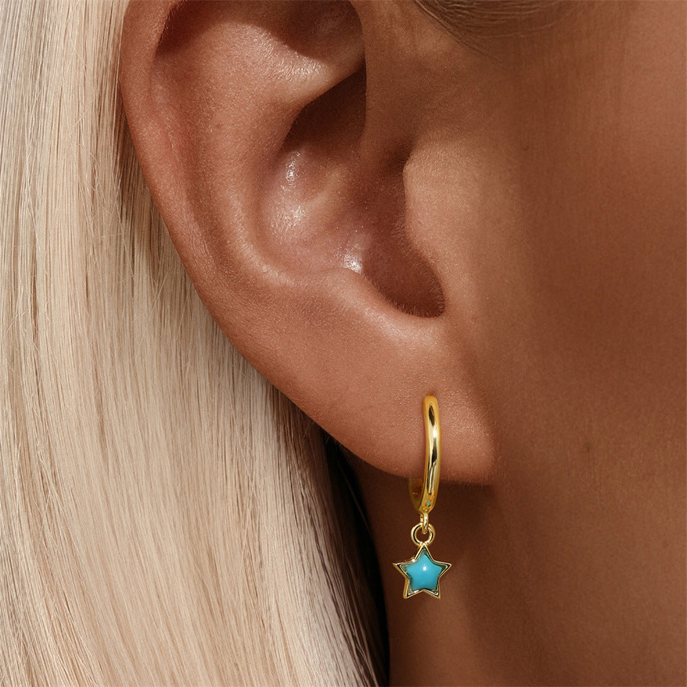 925 Sterling Silver Turquoise Star & Moon Hoop Earrings