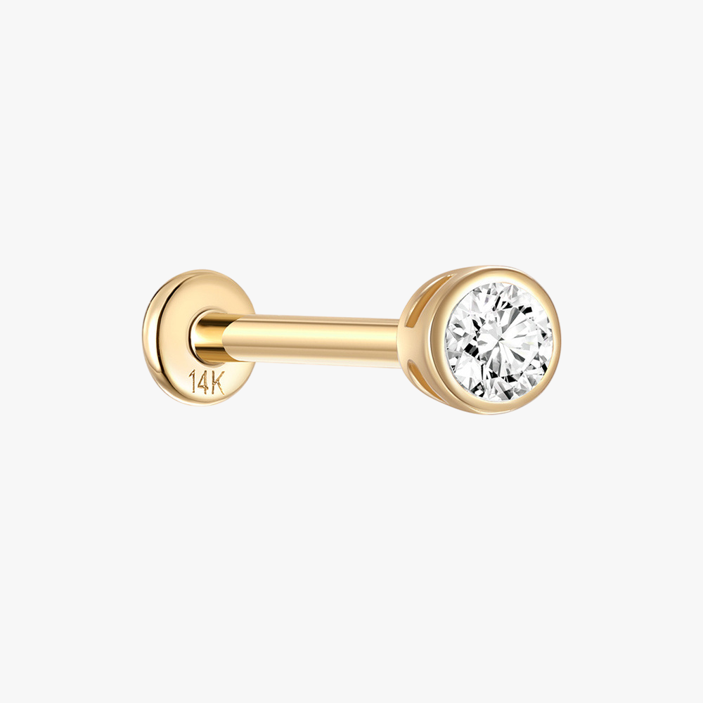 (Single) 14K Solid Gold Round Bezel Stud Earring with Zirconia