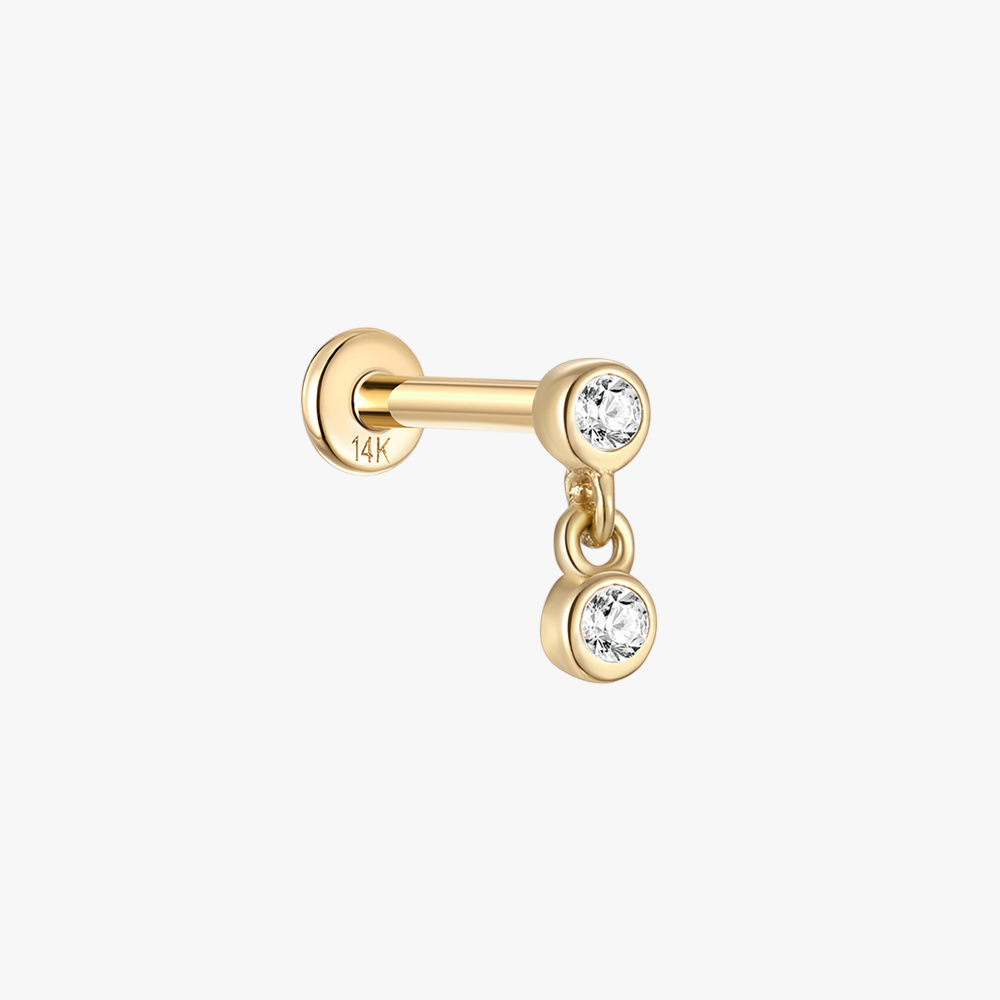 (Single) 14K Solid Gold Dual Zirconia Dangling Stud Earring