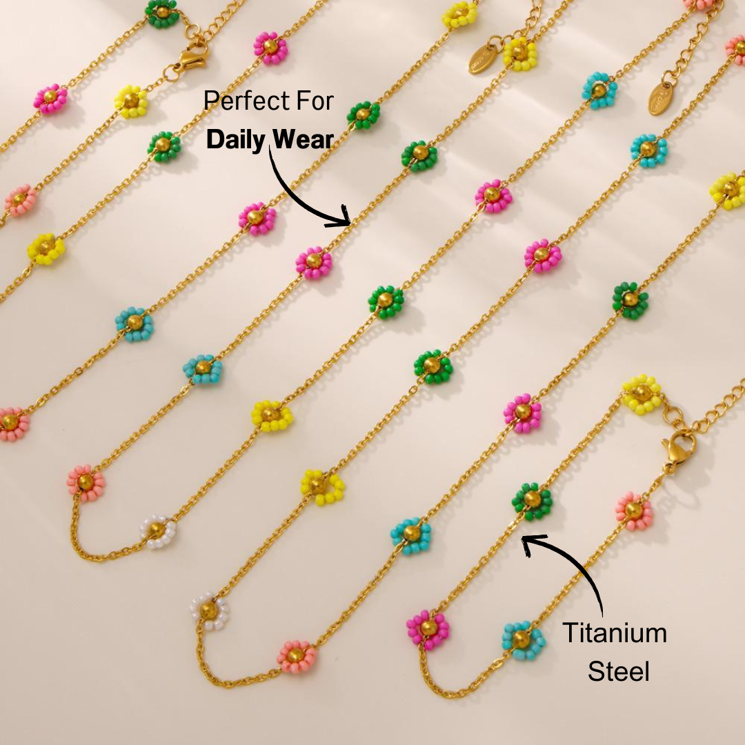 Handcrafted Stainless Steel Necklace with Colorful Glass Bead Flowers