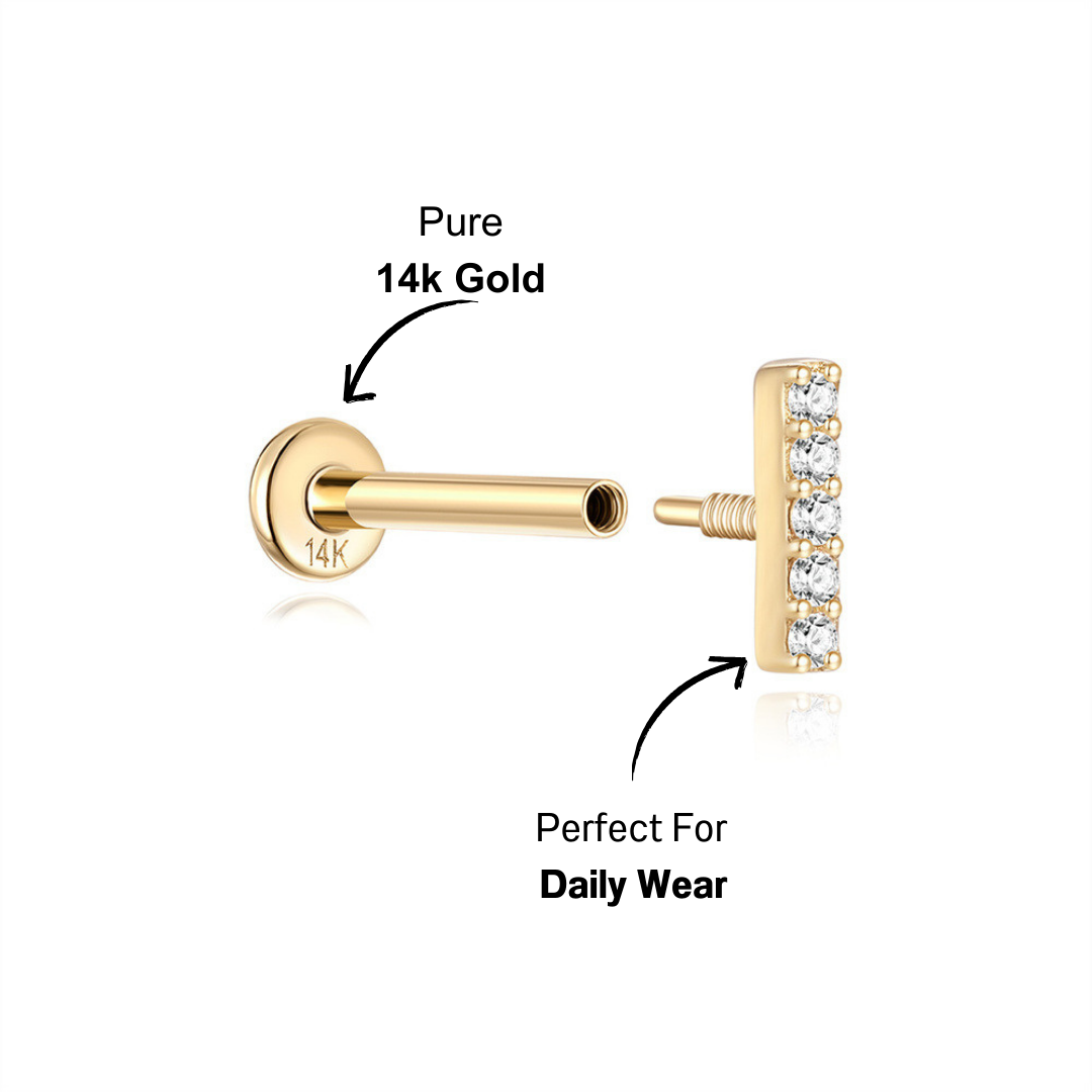 (Single) 14K Solid Gold Linear Stud Earring with Zirconia