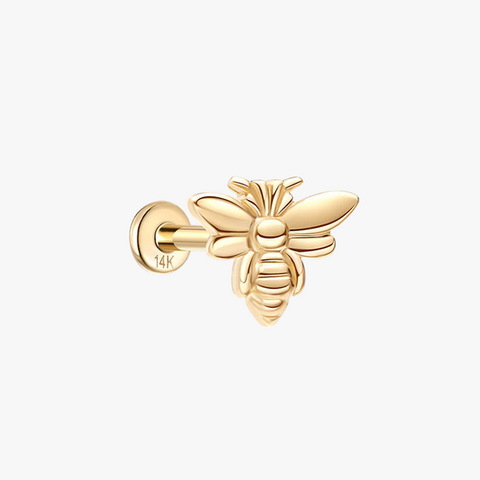 14K gold bee shaped stud earrings with detailed wings and body