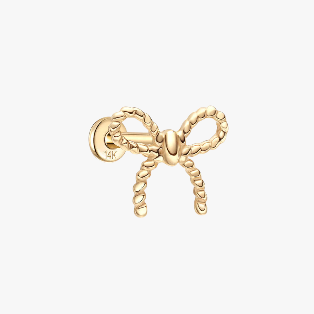 14K gold bow tie stud earring with a twist design.