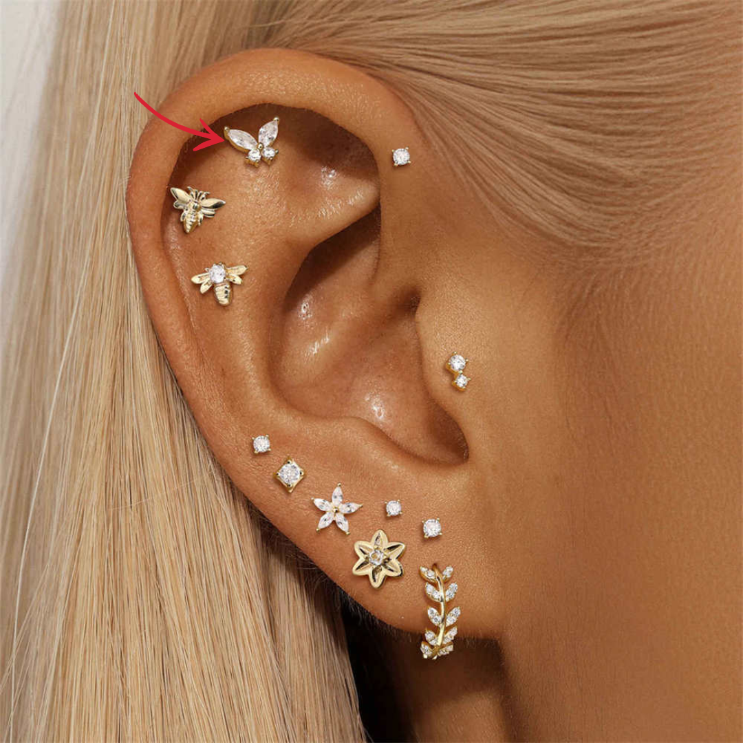 A model wearing the 14K gold butterfly zirconia stud earring in their ear, paired with other sparkling jewelry for a stylish look.