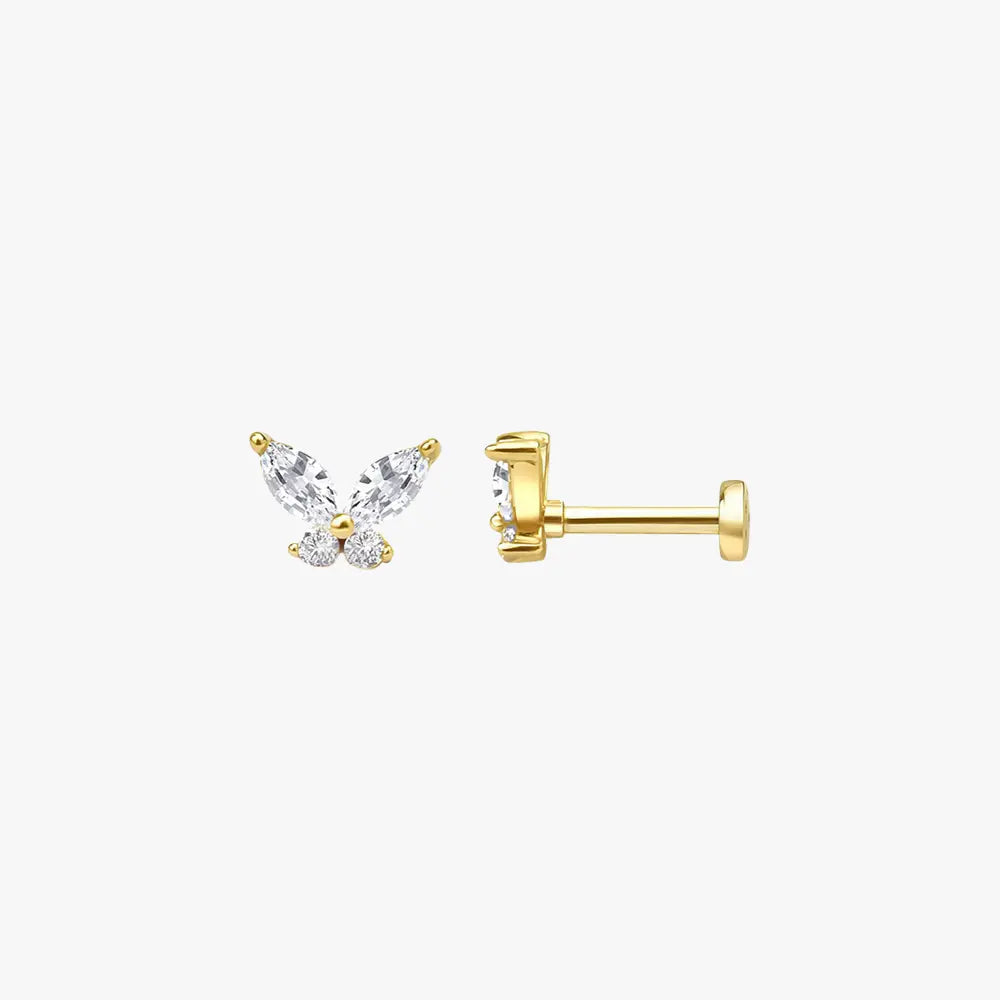 Close-up image of 14K gold butterfly-shaped zirconia stud earrings, featuring sparkling white zirconia stones in a delicate butterfly design with a polished gold finish. Product shown on a white background.