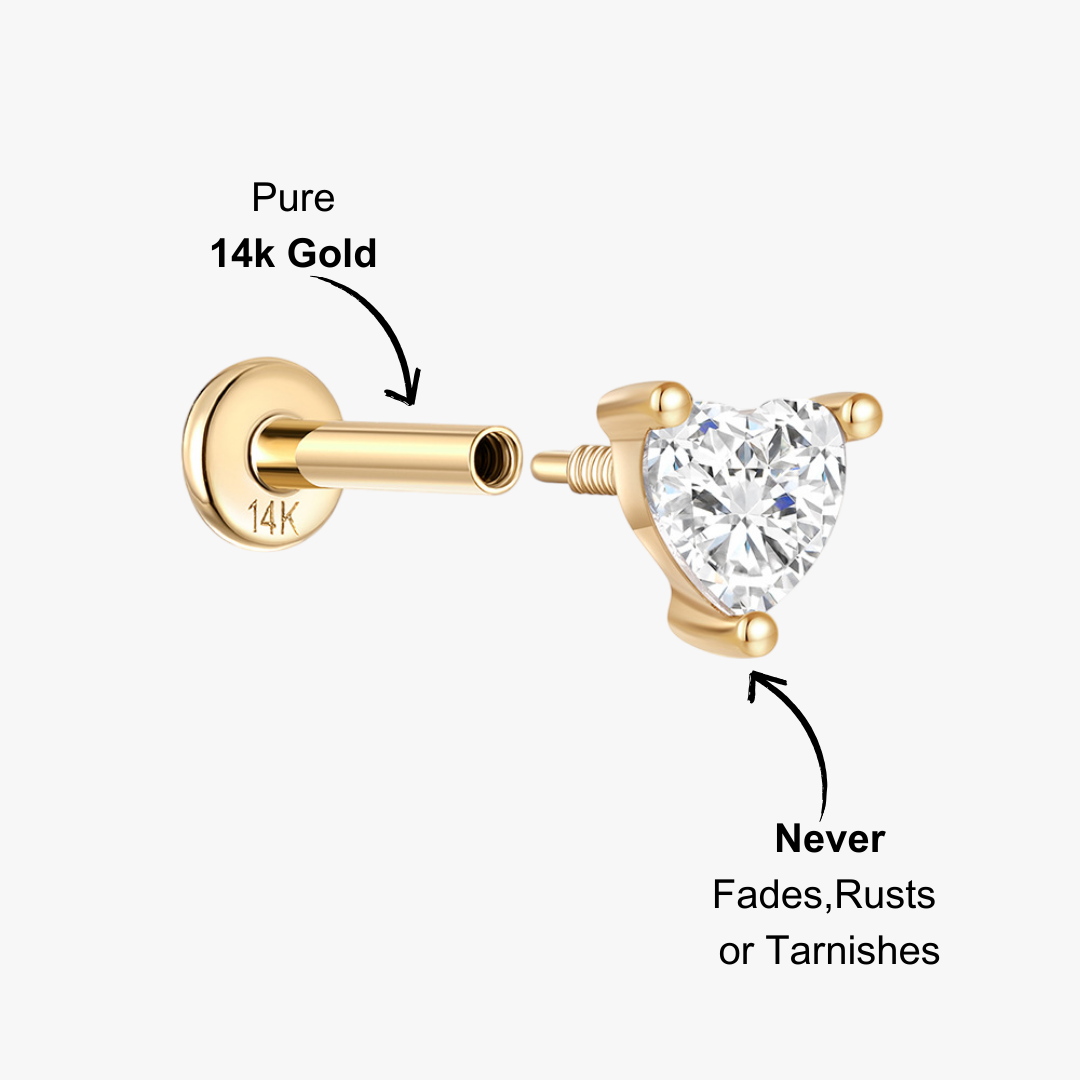 Gold heart zirconia stud earring with sparkling stones