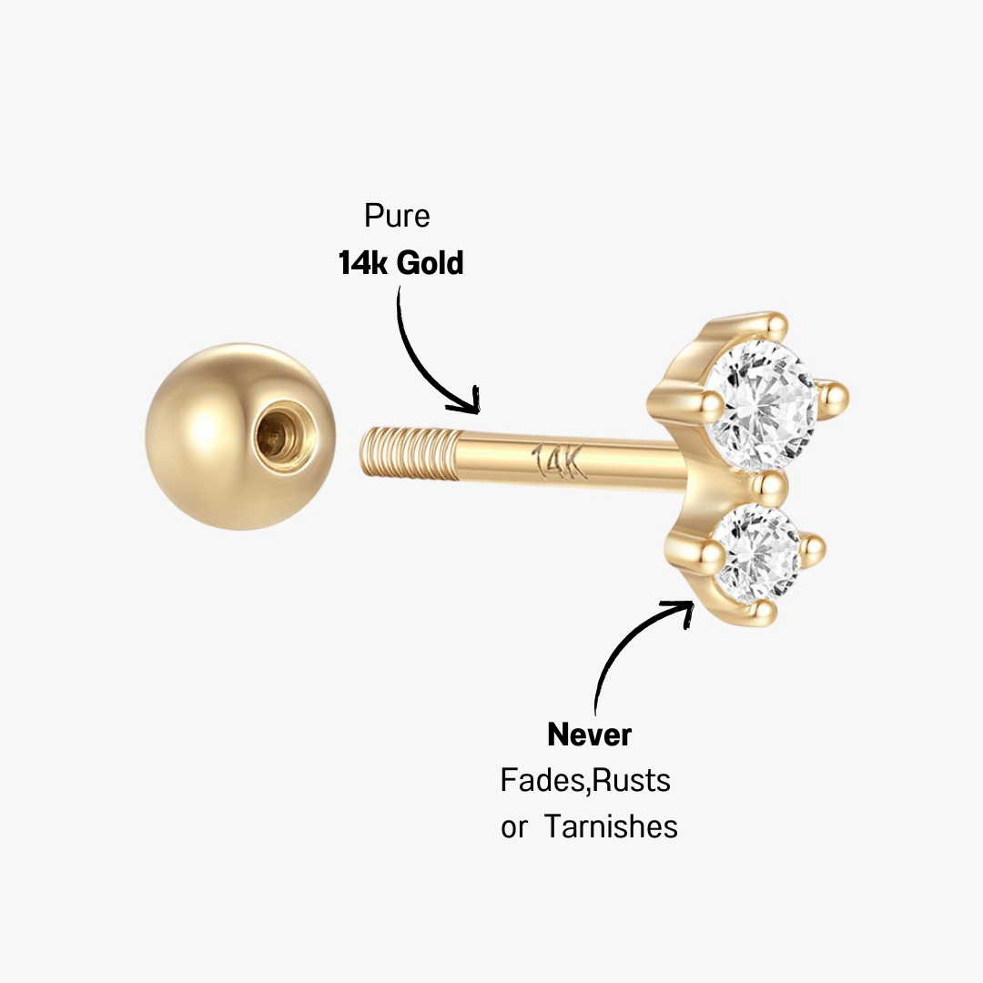 Two-stone 14K gold zirconia stud earring