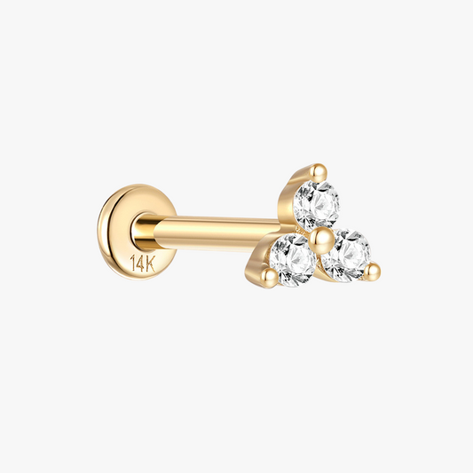 Front view of 14K gold zirconia three-stone stud earring with three sparkling zirconia stones.