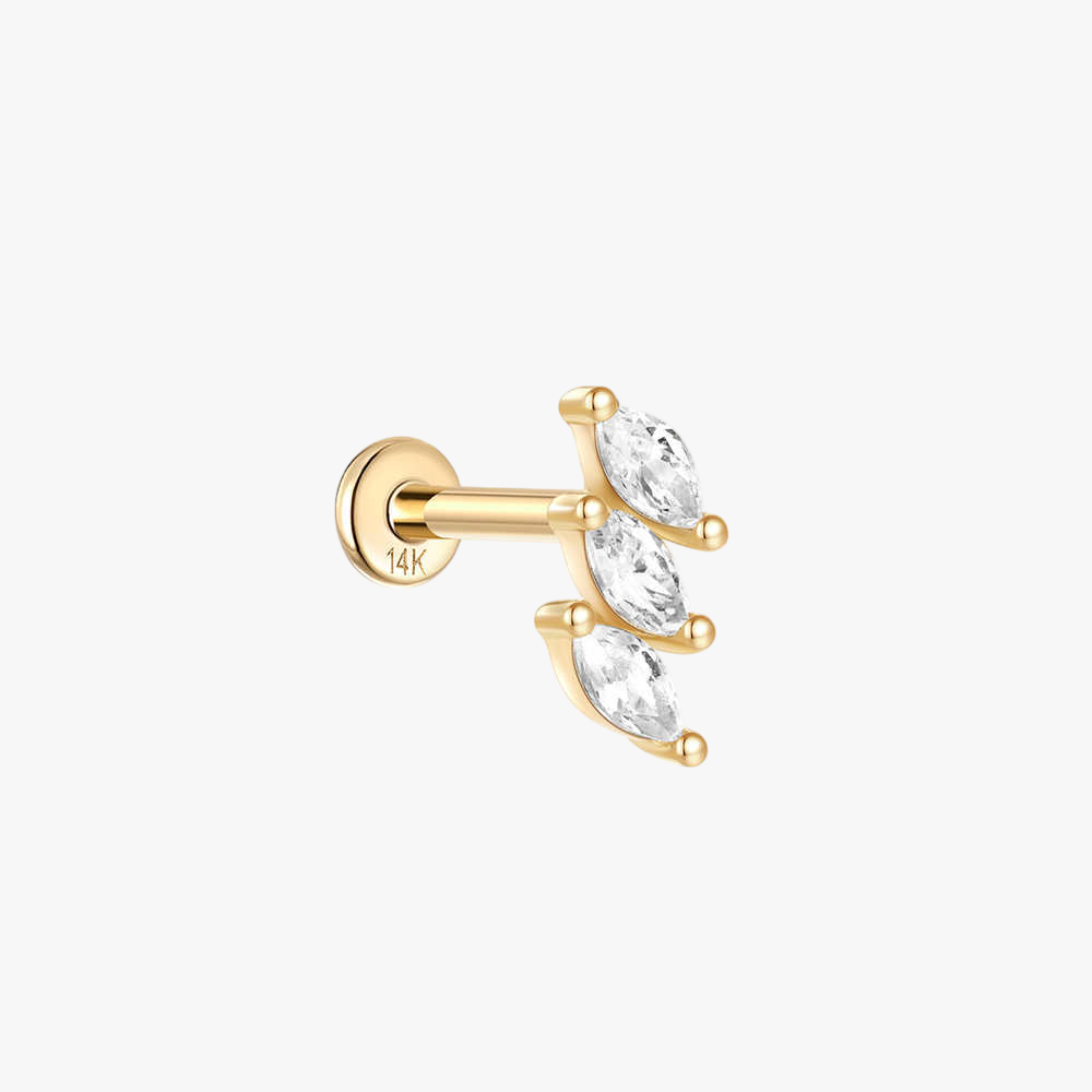 14K gold stud earrings with three marquise-cut zirconia stones.