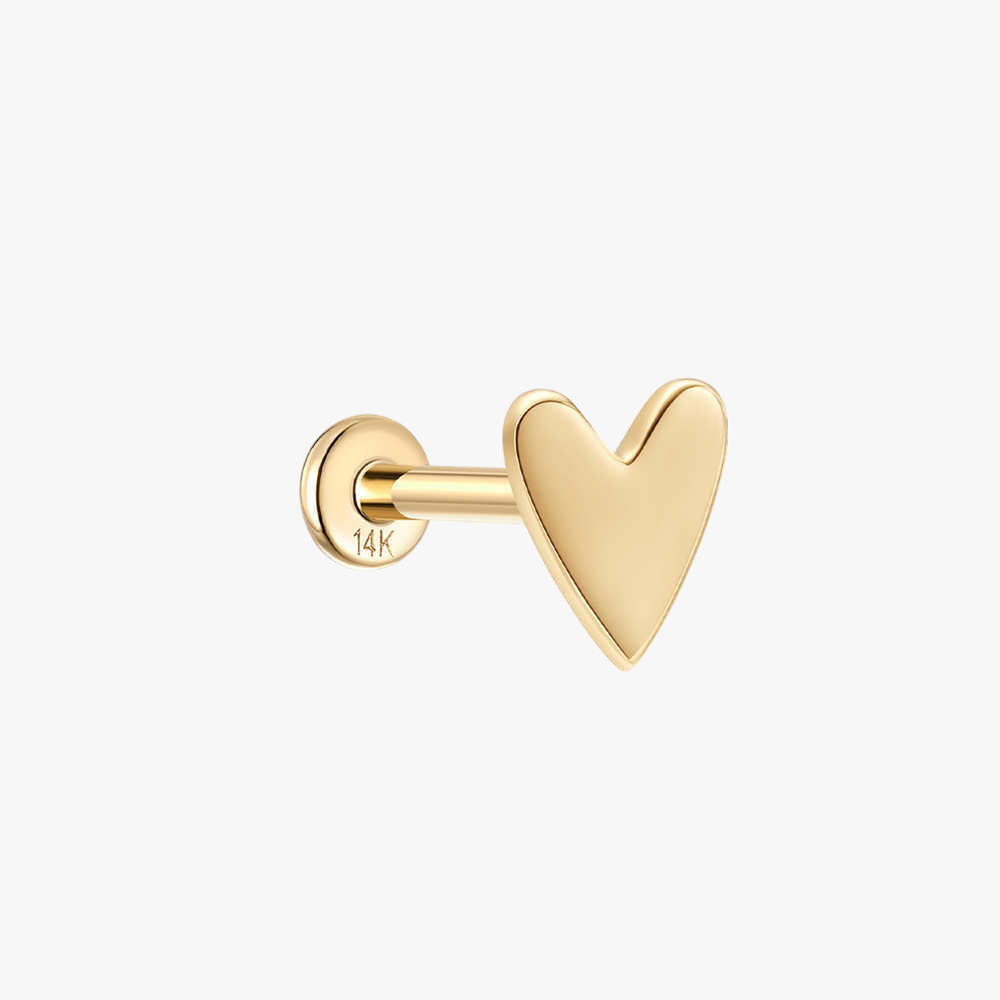 Elegant 14K solid gold heart-shaped stud earring with a polished finish.