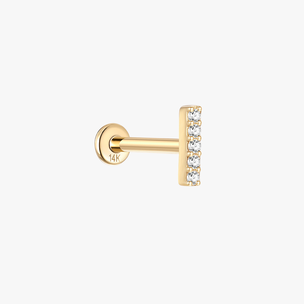 Minimalist 14K gold bar stud earring with sparkling zircon stones.