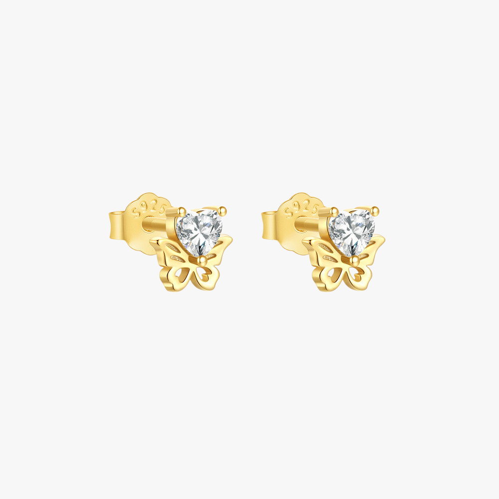  Elegant 14k gold butterfly stud earrings featuring sparkling heart-shaped crystals, perfect for a whimsical and stylish look.