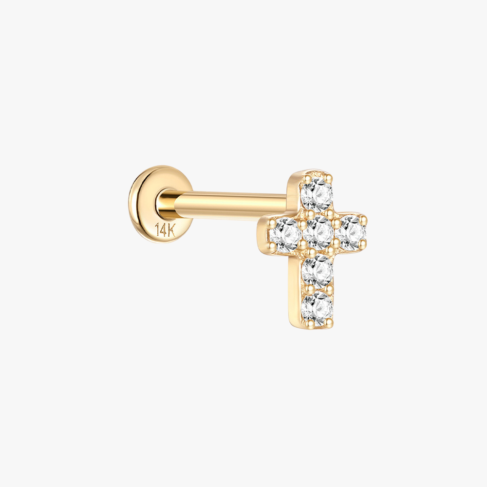 14K gold cross stud earring with zircon stones, perfect for cartilage piercings.