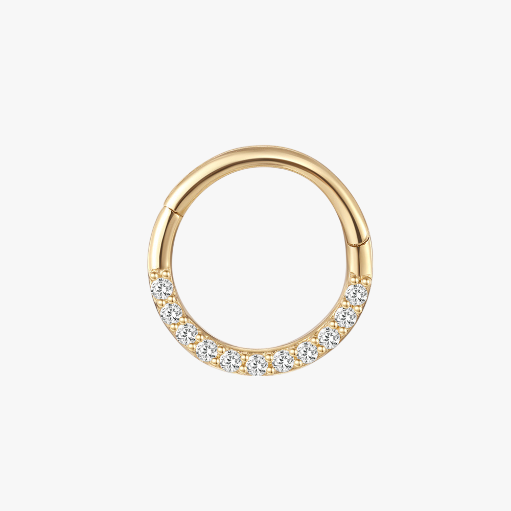 14K gold cubic zirconia huggie hoop earring with a sleek, minimalist design and sparkling stones.