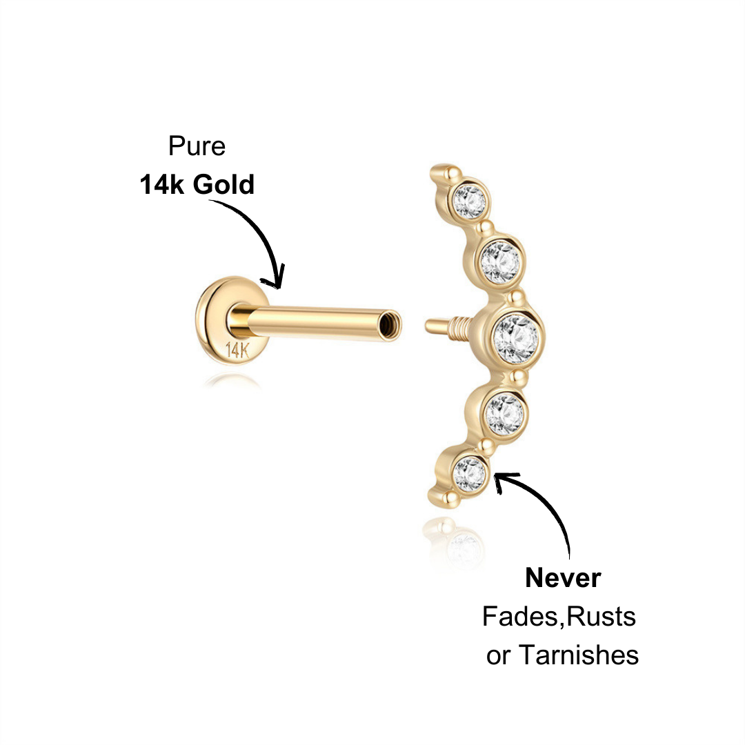 Minimalist gold arc stud earring with sparkling zircon stones, crafted in solid 14K gold.