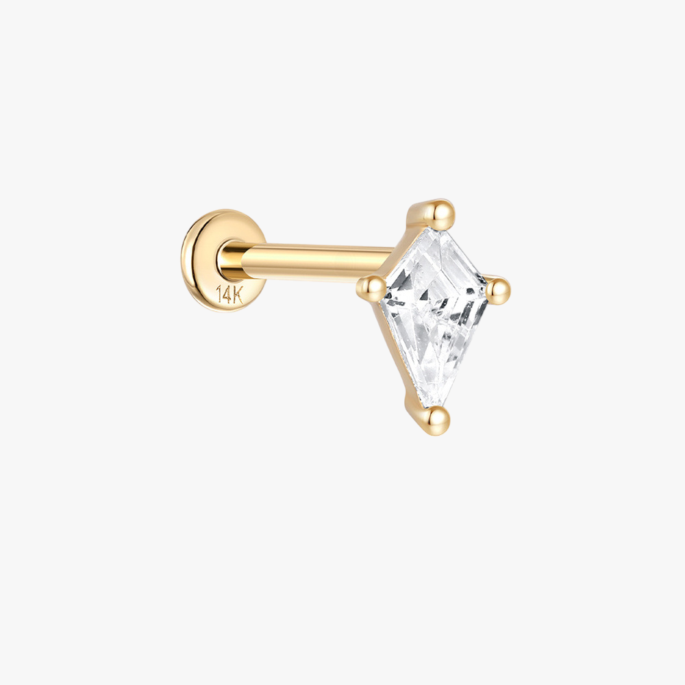 14K gold diamond-shaped zircon stud earring with screw-back design, perfect for cartilage and helix piercings.