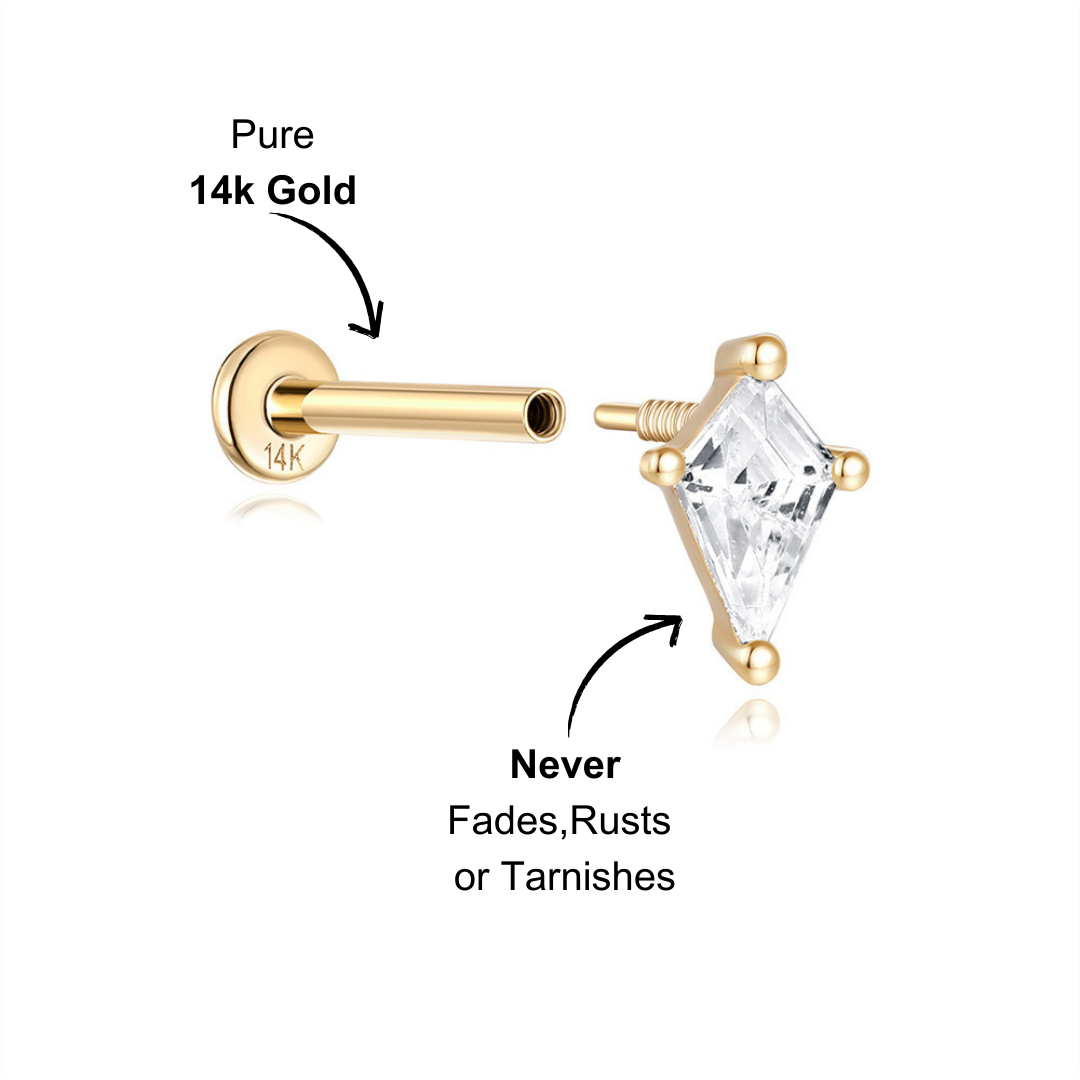 Side view of a 14K gold diamond-shaped zircon stud earring, showcasing its secure screw-back closure.