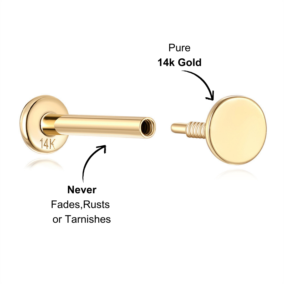 Back view of 14K gold flat disc stud earring with screw-post closure