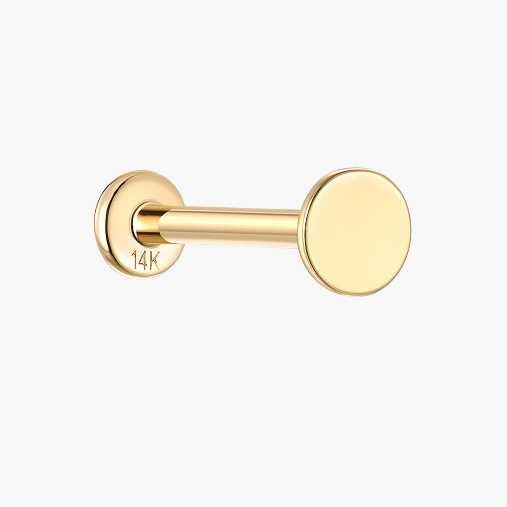 Minimalist 14K gold flat disc stud earring with screw-back design.