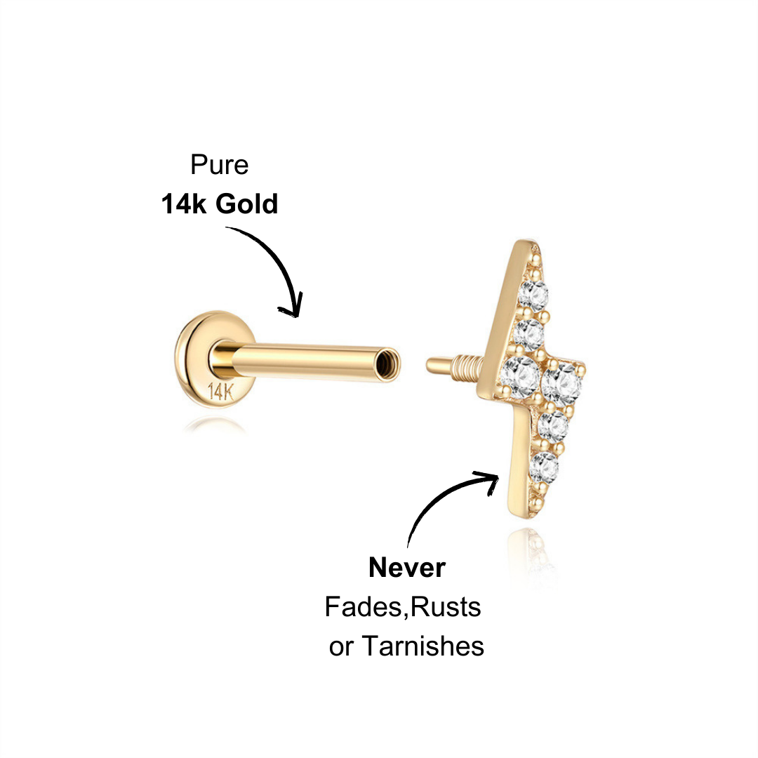 Side view of a 14K gold lightning-shaped stud earring with a screw-back design.