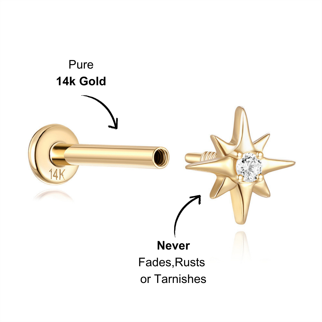 14K gold north star stud earring with screw-back closure, designed for secure wear.