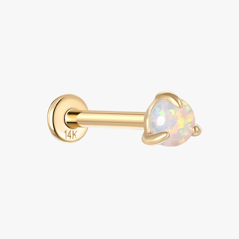 Front view of 14K gold opal stud earring with claw setting.