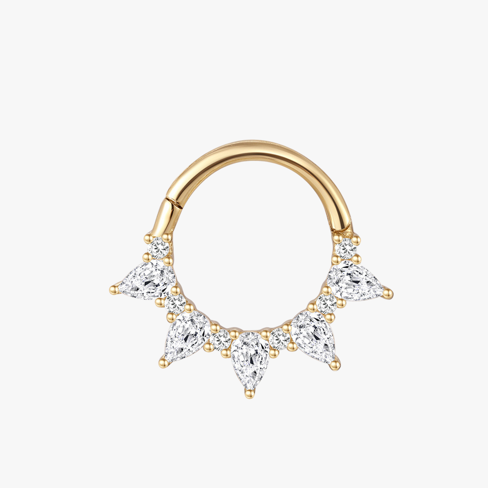 Elegant 14K gold hoop earring with pear-cut cubic zirconia stones, perfect for a statement look.