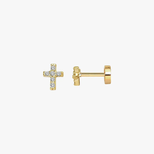 Close-up of a 14K gold-plated cross-shaped stud earring with sparkling zirconia stones, highlighting its refined and delicate design.