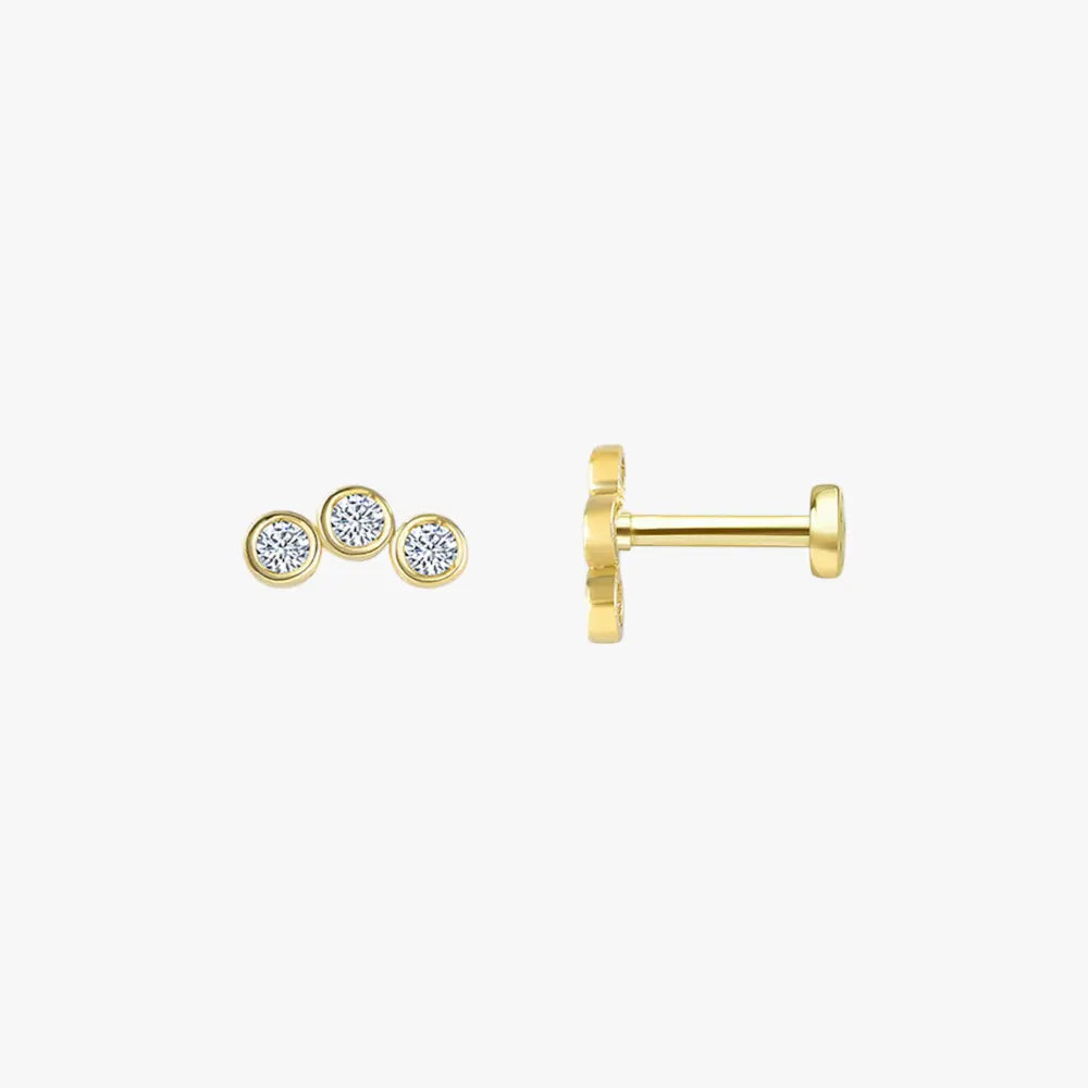 Front view of a 14k gold-plated 925 sterling silver stud earring featuring three sparkling zirconia stones.