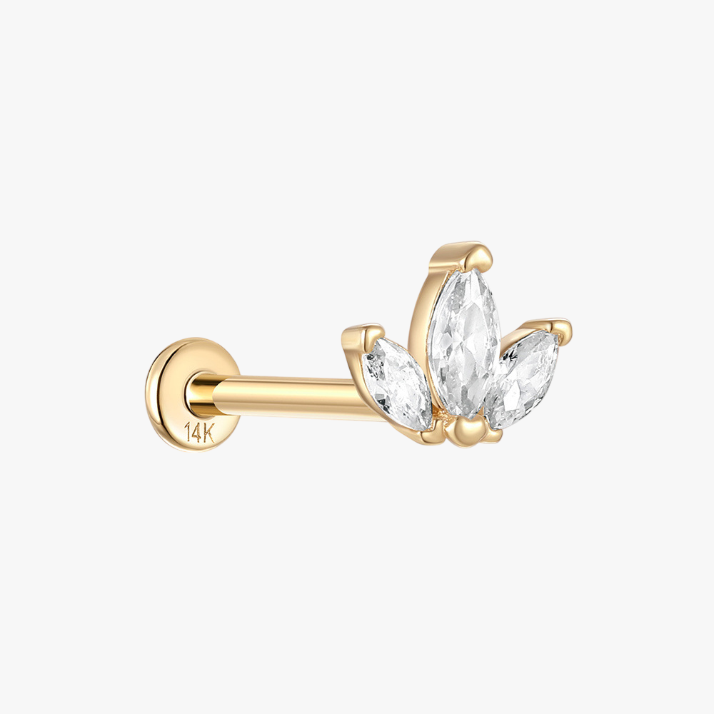 14K gold triple leaf stud earring with marquise-cut zirconia, elegant minimalist design.