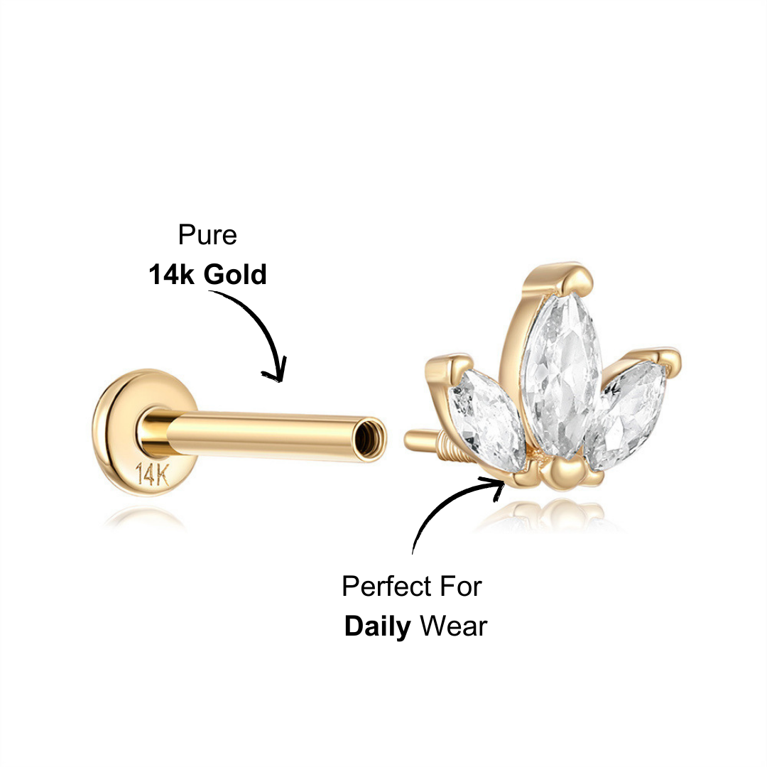 Side view of 14K gold triple leaf stud earring featuring three marquise zirconia stones.