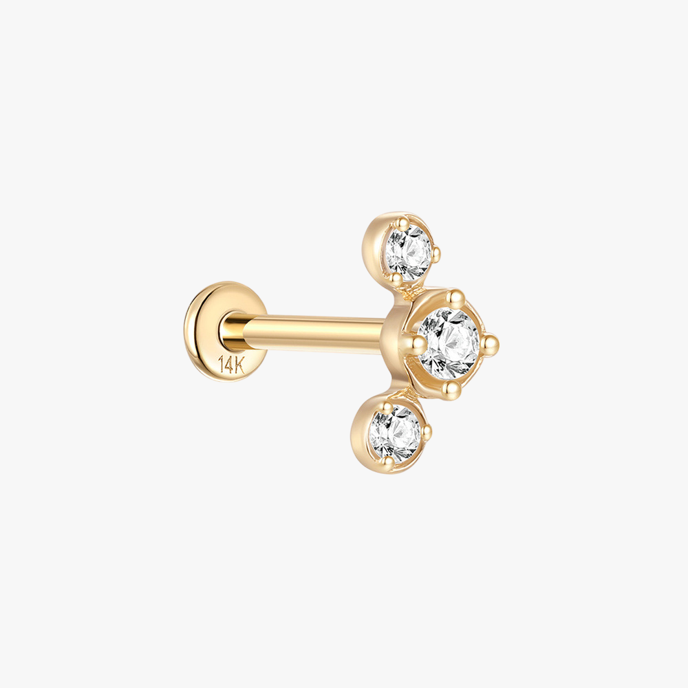 14K gold cartilage stud with three sparkling cubic zirconia stones, designed for helix or tragus piercings.