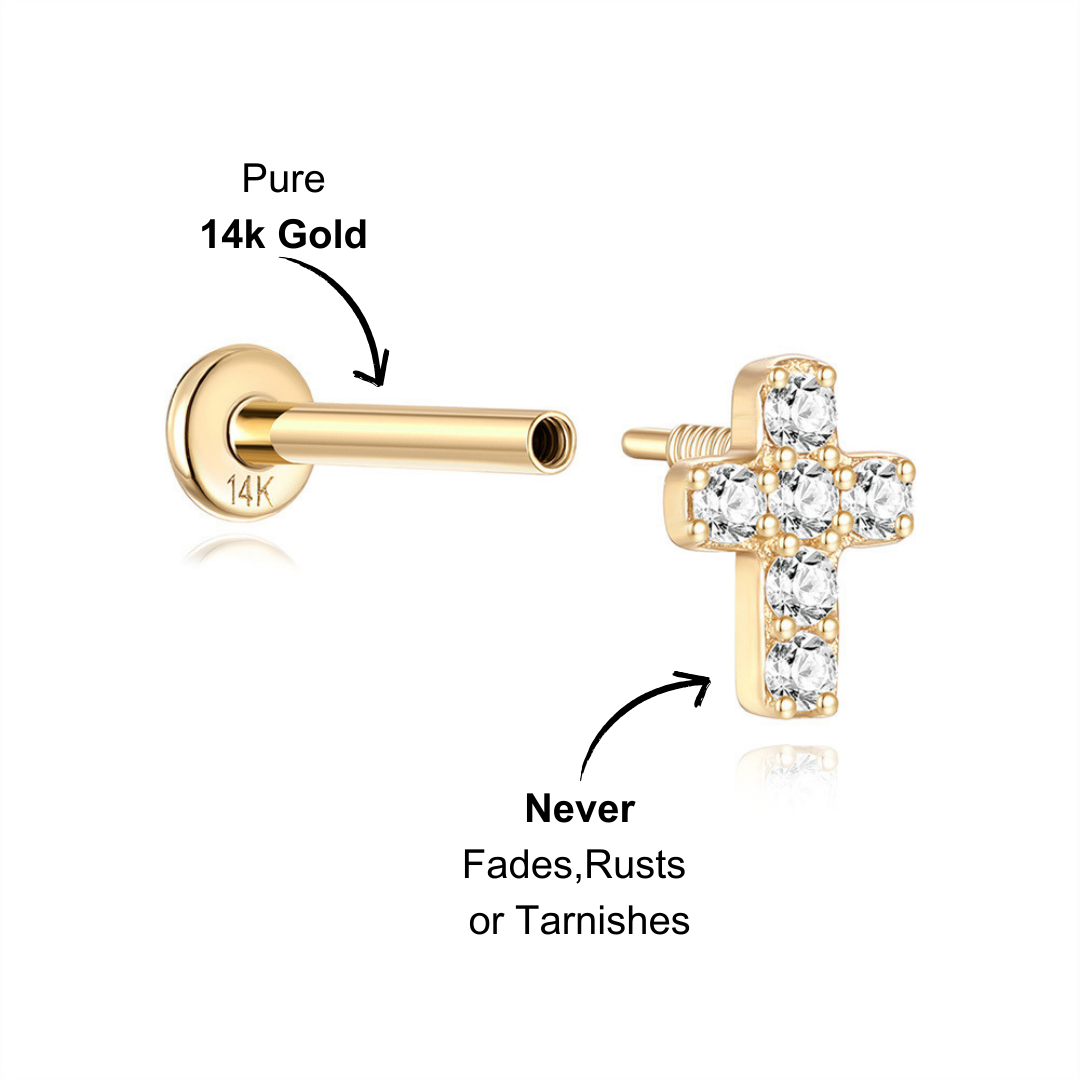 Side view of a 14K gold cross stud earring featuring premium zircon stones.