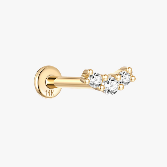 A front view of a 14K gold curved stud earring adorned with three sparkling zirconia stones.