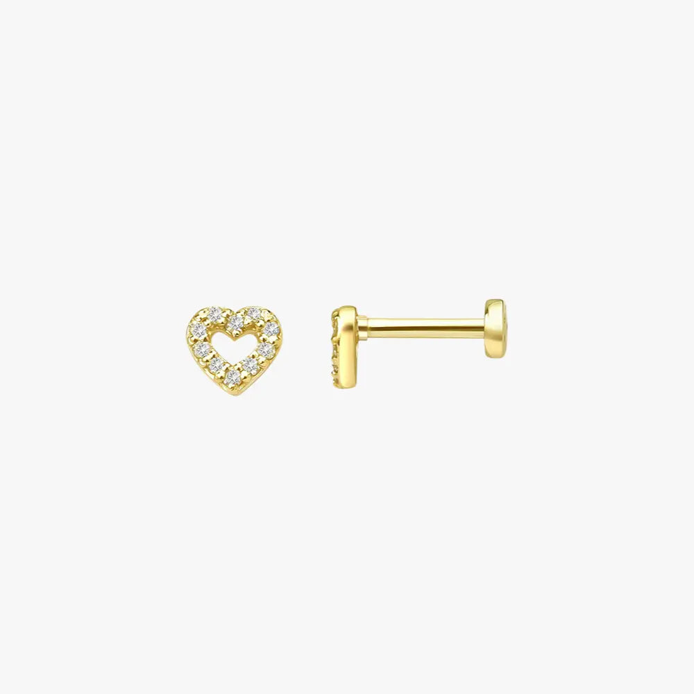 Front view of 14k gold-plated heart-shaped zirconia stud earrings with sparkling stones, elegant design for everyday wear.