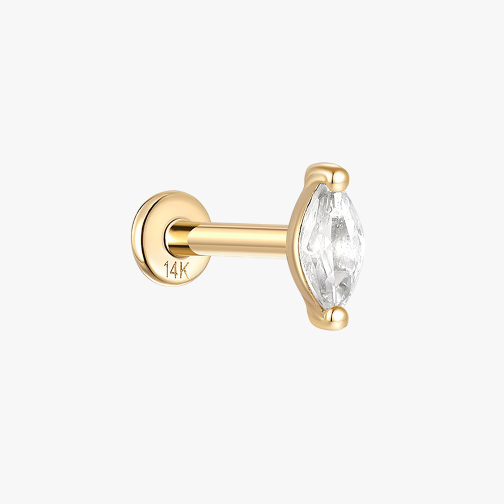 (Single) 14K Solid Gold Marquise Stud Earring with Zirconia