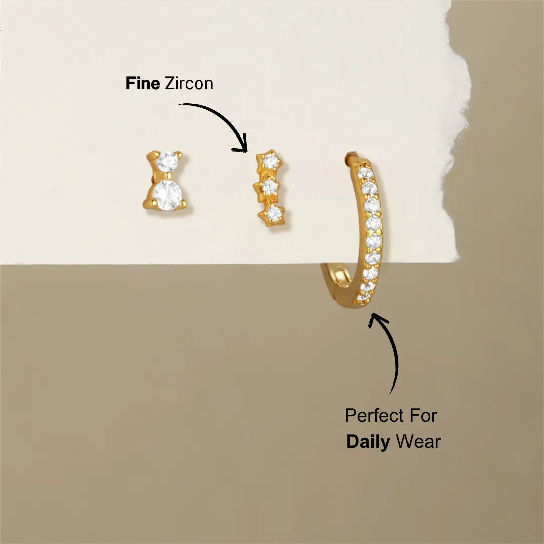 925 Sterling Silver Geometric Single Row Zirconia Hoop and Stud Earring Set