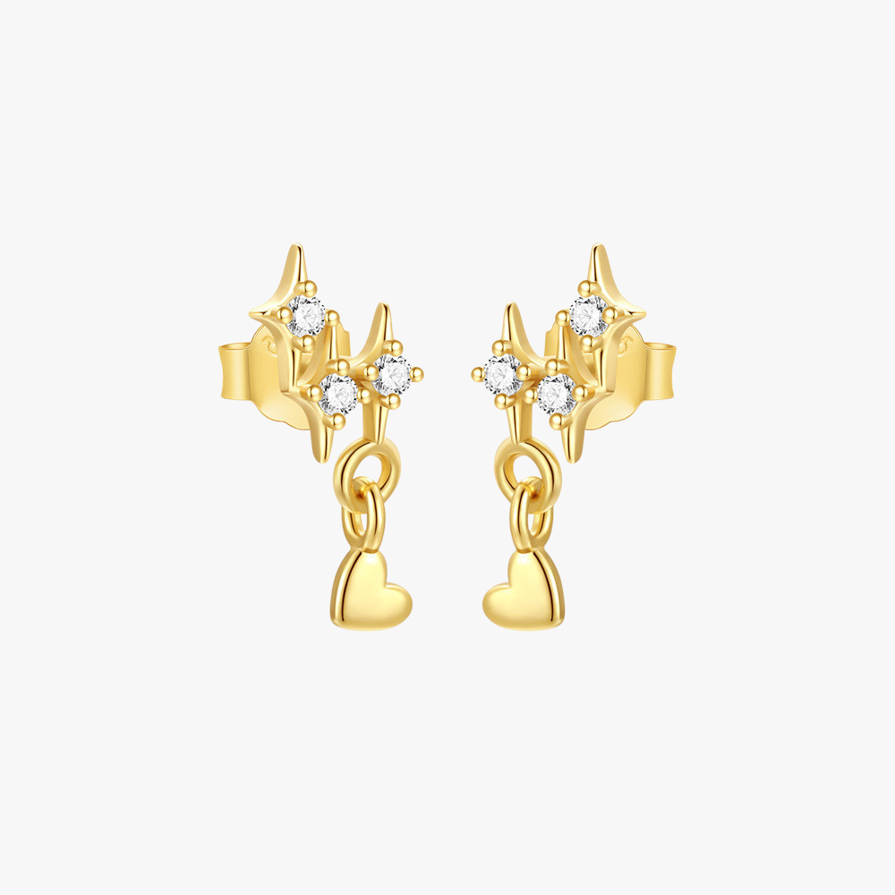 Elegant 18k gold dangle earrings with star and heart details, accented with sparkling crystals for a modern and romantic look.