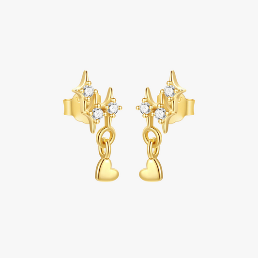 Elegant 18k gold dangle earrings with star and heart details, accented with sparkling crystals for a modern and romantic look.