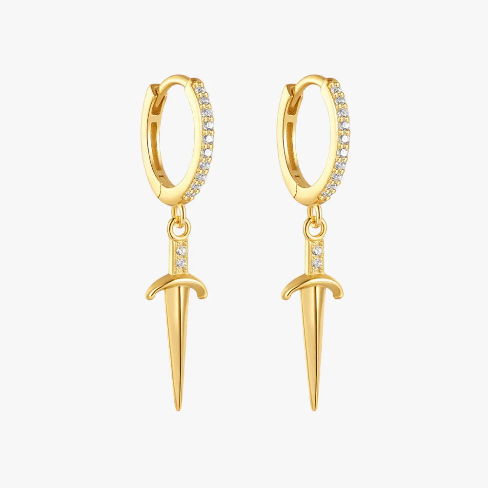 925 Sterling Silver Dagger Drop Hoop Earrings