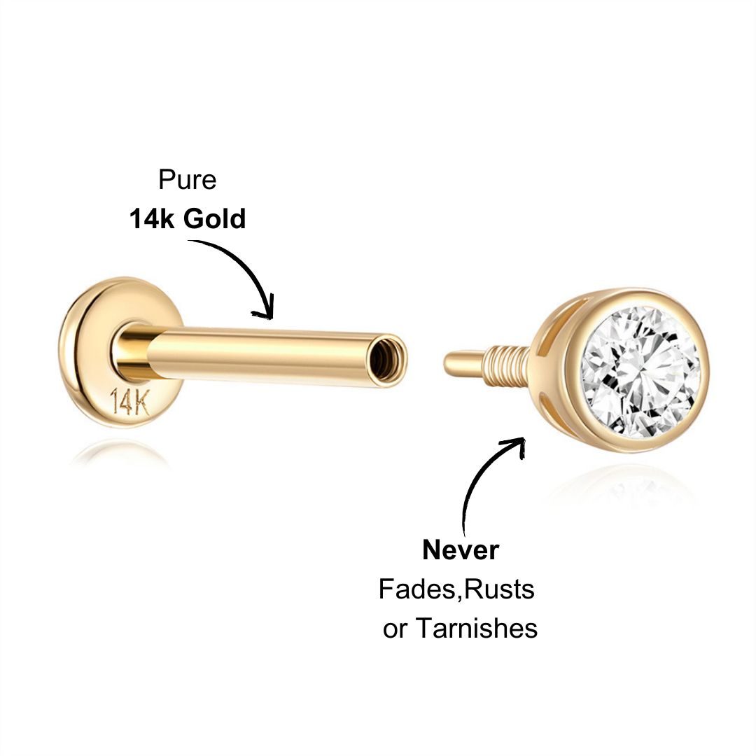 (Single) 14K Solid Gold Round Bezel Stud Earring with Zirconia