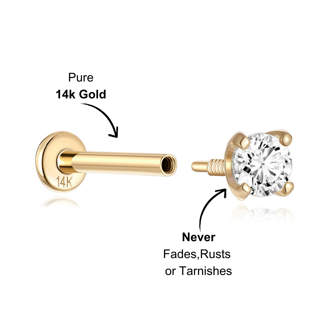 (Single) 14K Solid Gold Solitaire Stud Earring with Zirconia