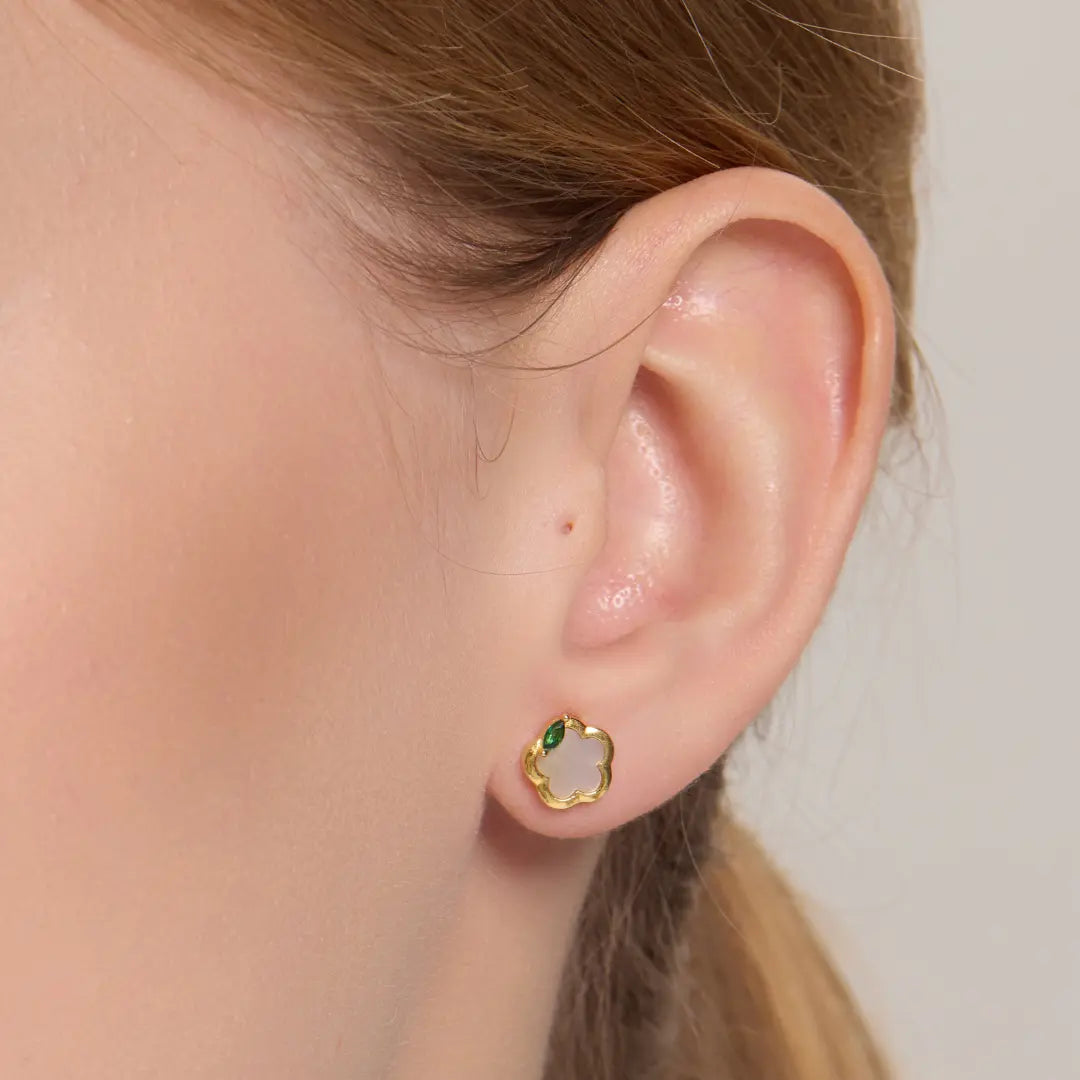 White Shell Flower Stud Earrings with Green Zircon Accent