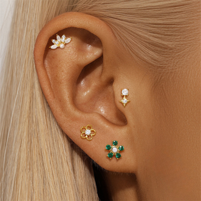 925 Sterling Silver Zircon and Pearl Leaf Cartilage Stud